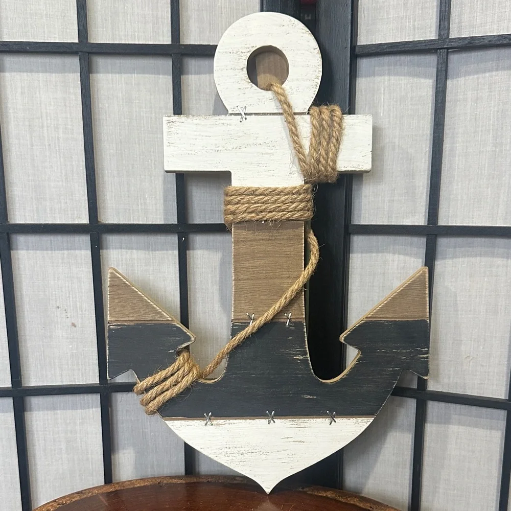 Nautical Anchor WoodenWall Decor - White, Brown, and Black Rope NEW Cape Cod